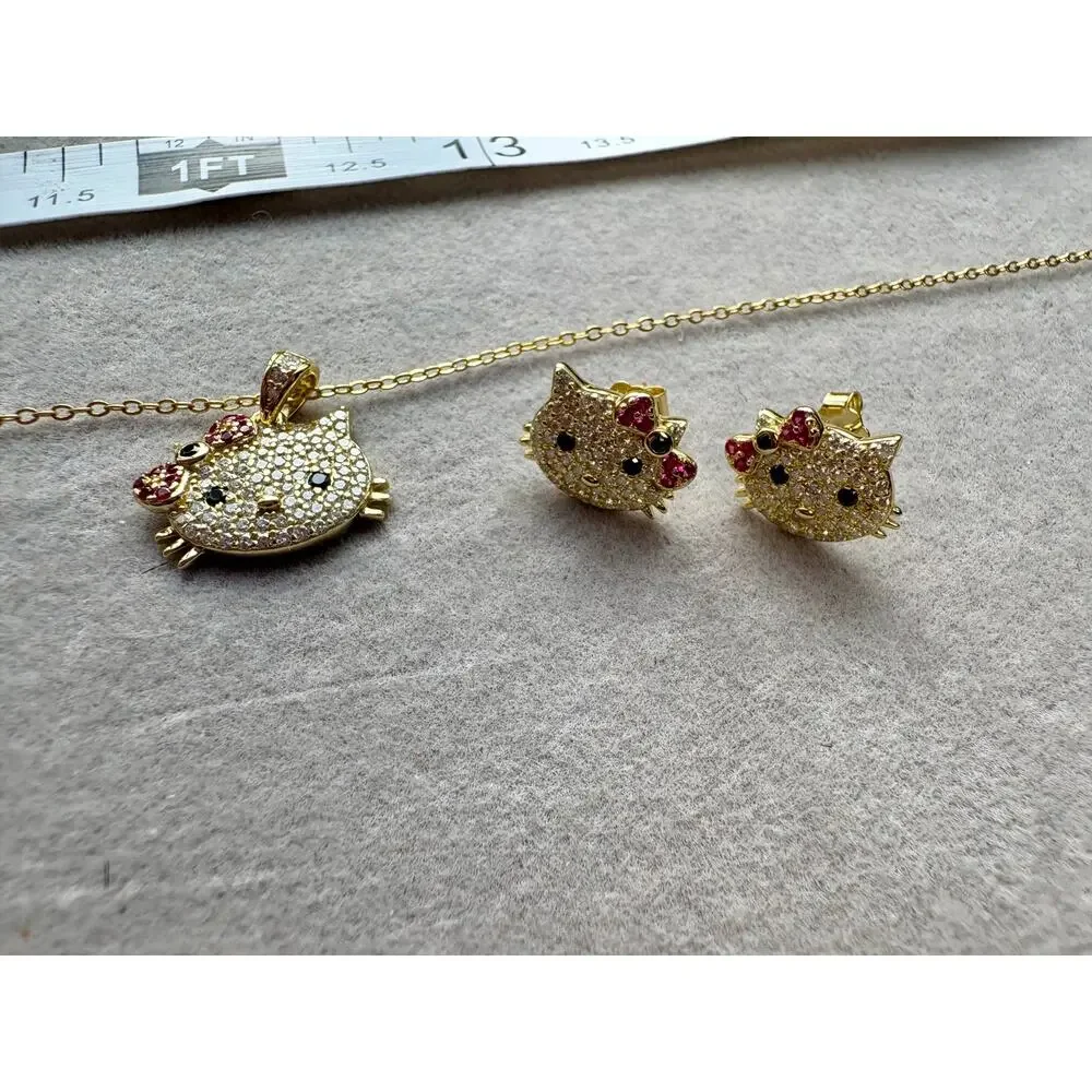 Hello Kitty Moissanite Necklace & Earring Set - Vermeil over 925 - Picture 6 of 7